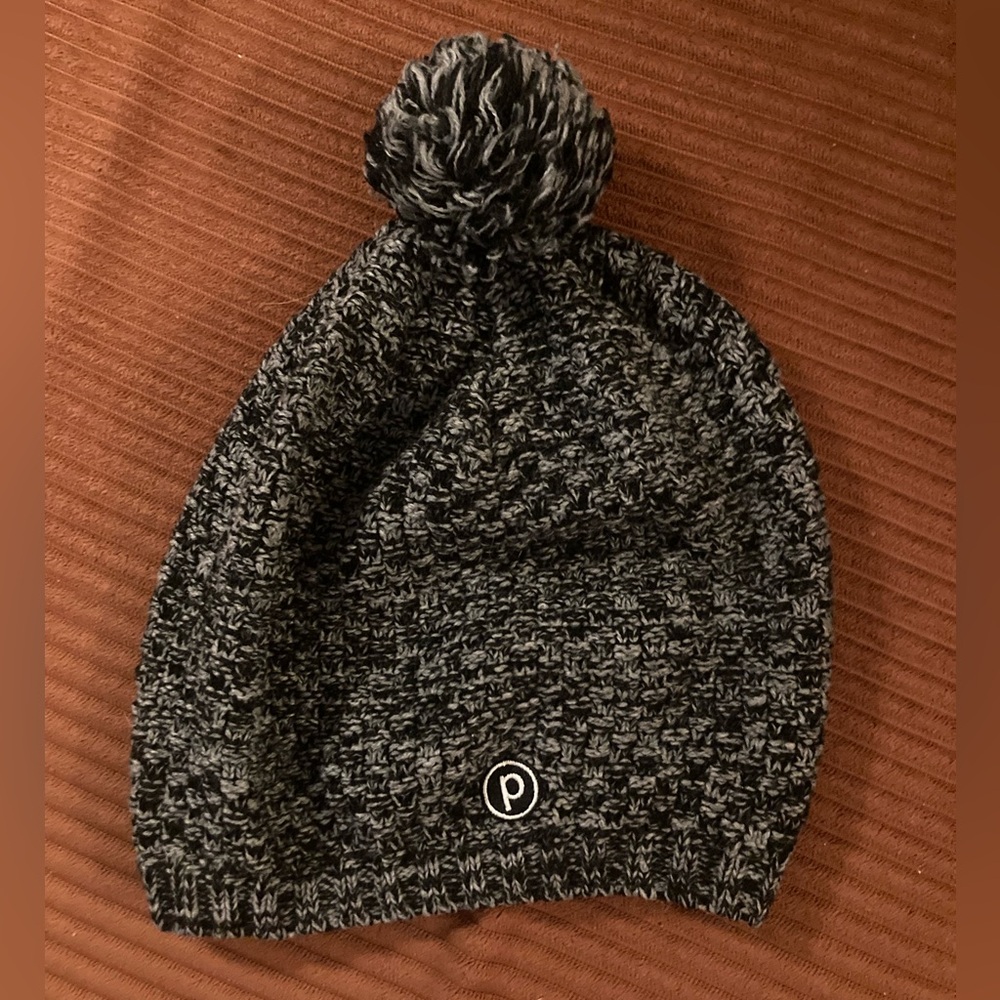 Pure Barre Black and Gray Knit Pom-Pom Hat